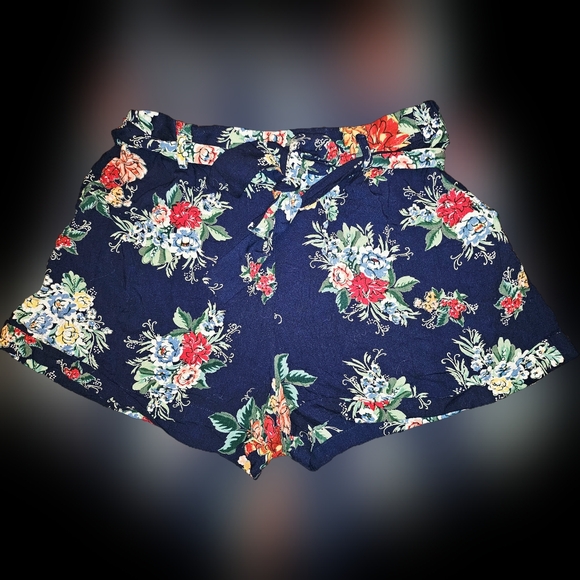 Angie Navy Floral Paperbag Waist Women's Shorts - Picture 2 of 11